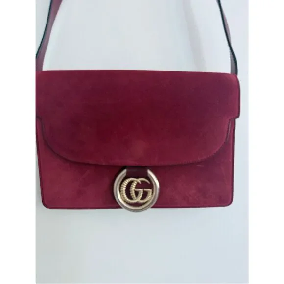 Gucci Logo Suede Flap GG Ring Logo Torchon Crossbody Bag Red Women's OS